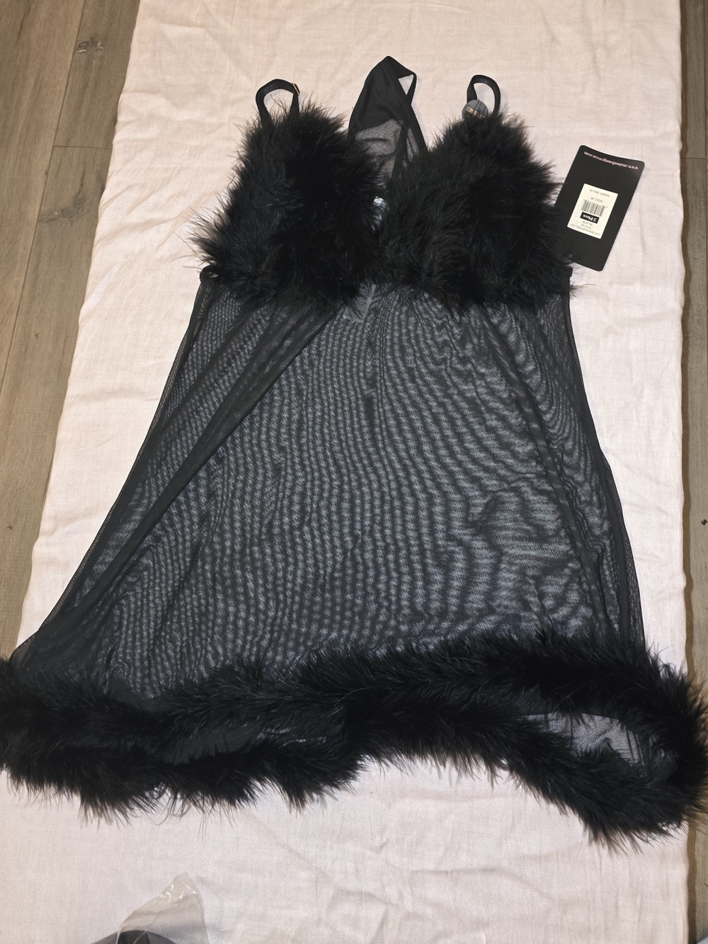 Sheer Black Marabou-Trim Chemise Nightdress